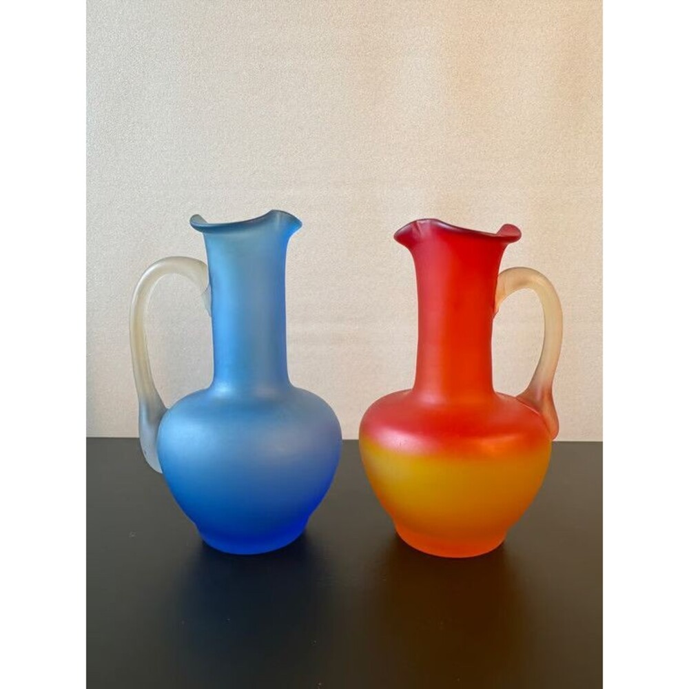 Pair Frosted Art Glass Pitchers Blue Red Yellow Gradient
